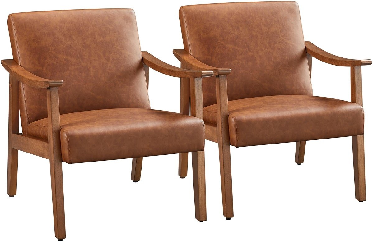 Yaheetech PU Leather Accent Chair, Mid-Century Modern Armchair with Solid Wood Legs, Reading Leisure Chair for Living Room Bedroom Waiting Room, Light Brown, Set of 2 - Product Image