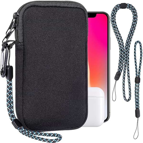 Pwsap Phone Sock, Universal Shock & Impact Resistant Neoprene Pouch with Carabiner and Lanyard Strap Sleeve Case for Hiking & Travelling Phone Bag Fits Phones up to 7 Inches, Black, M - Product Image