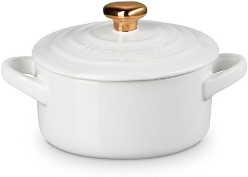 Le Creuset Stoneware Mini Round Cocotte, 8oz., White with Gold Heart Knob - Product Image