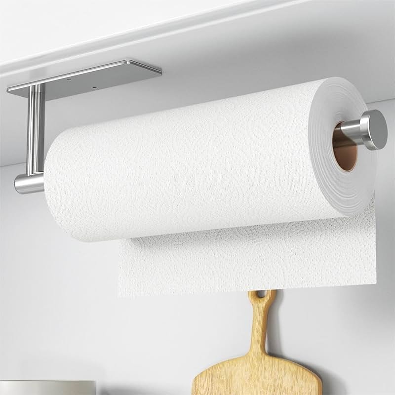 Paper Towel Holder - Self-Adhesive or Drilling, Brushed Nickel, Wall Mounted, SUS304 Stainless Steel Kitchen Roll Dispenser Under Cabinet - Product Image