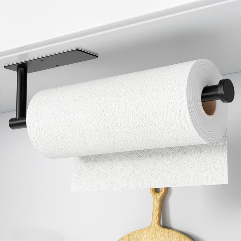 Paper Towel Holder - Self-Adhesive or Drilling, Matte Black Wall Mounted Rack - SUS304 Stainless Steel Kitchen Roll Dispenser Under Cabinet - Product Image
