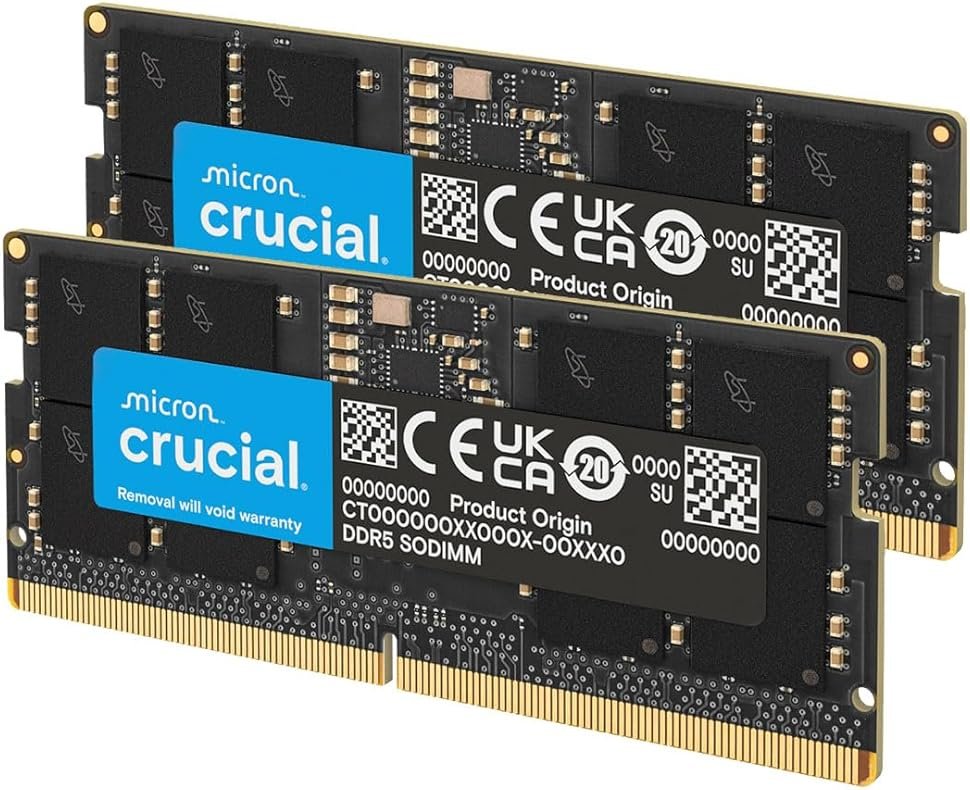 Crucial 32GB DDR5 RAM Kit (2x16GB), 5600MHz (or 5200MHz or 4800MHz) Laptop Memory 262-Pin SODIMM, Compatible with Intel Core and AMD Ryzen 7000, Black - CT2K16G56C46S5 - Product Image