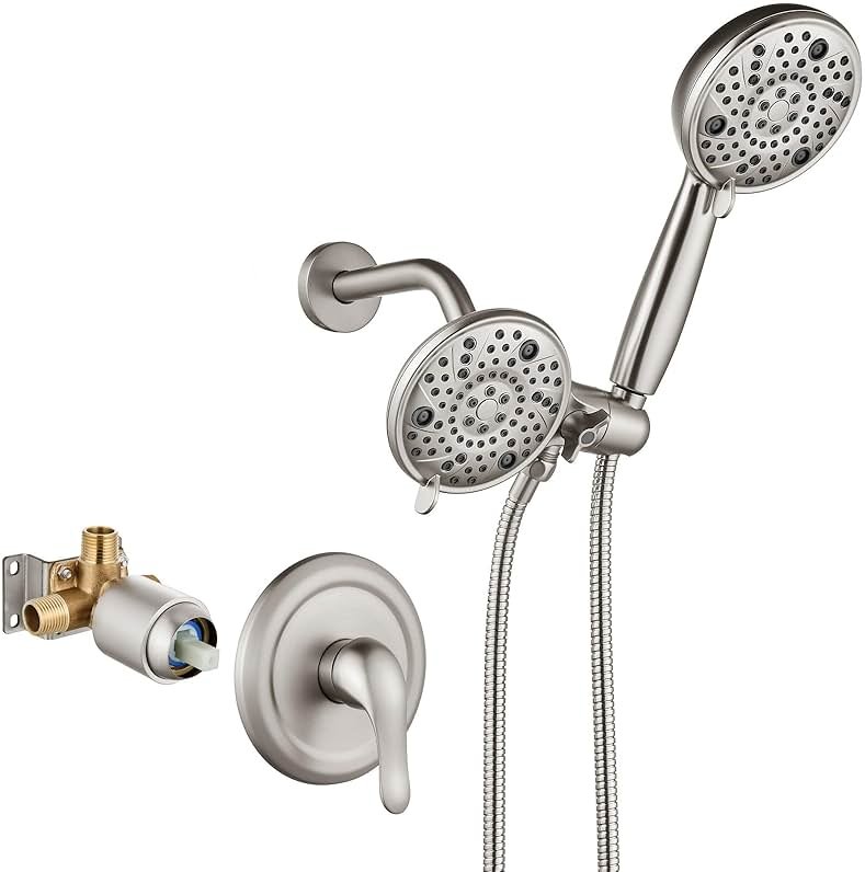 Aolemi Shower Faucet Set Rain Shower Head System Shower Trim Kit Pressure Rough-in Valve Included ABS 8 Setting Dual Shower Head and Handheld Spray Brushed Nickel - Product Image