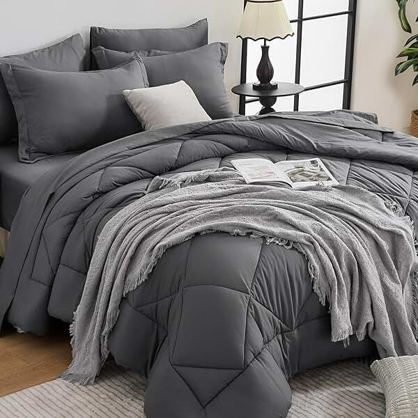 HEVUMYI 7 Pieces Queen Comforter Set, All Season Reversible Bed in a Bag, Ultra Soft Queen Bedding Set with Grey Comforter, Flat Sheet, Fitted Sheet, Pillowcases, Pillow Shams, Dark Grey - Product Image