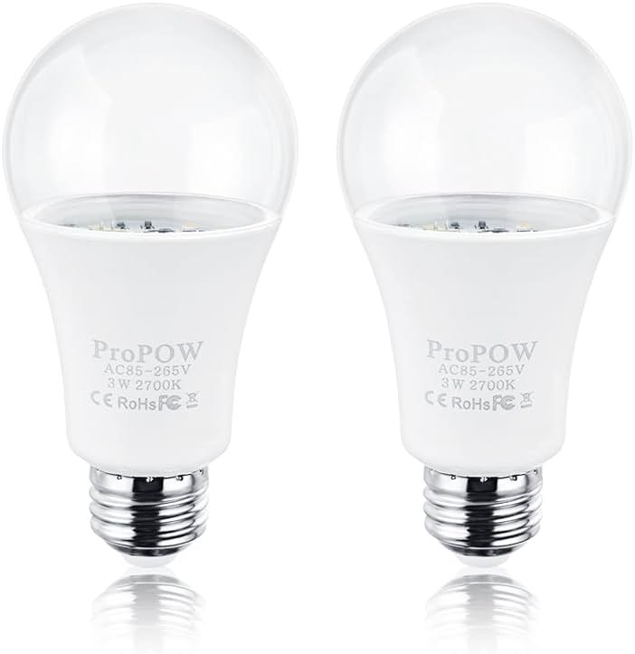 ProPOW 25 Watt Dusk to Dawn Light Bulbs, A19 3W Clear Cover E26 LED Bulbs Automatic on/Off Indoor/Outdoor Lighting for Porch,Garage,Driveway,Yard,Hallway,Patio(300 Lumen,Soft White,2-Pack) - Product Image