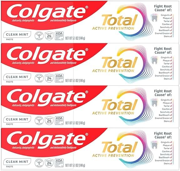 Colgate Total Active Prevention Clean Mint Toothpaste, Anticavity Fluoride Toothpaste, Clinically Proven Formula That Fights Plaque Bacteria, Mint, 4 Pack, 5.1 oz - Product Image