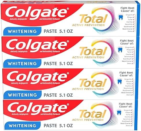 Colgate Total Whitening Toothpaste Paste, 5.1 oz, 4 Pack, Fluoride, Antibacterial, for Plaque, Gingivitis, Sensitivity, Stain Removal, Clinically Proven, Mint, Teeth Whitening, Stannous Fluoride - Product Image