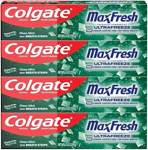 Colgate MaxFresh Clean Mint Toothpaste Pack, Fresh Breath Toothpaste with Fluoride and Hundreds of Mini Breath Strips, Leaves Mouth Feeling Refreshed for Hours, 4 Pack, 6.3 oz - Product Image