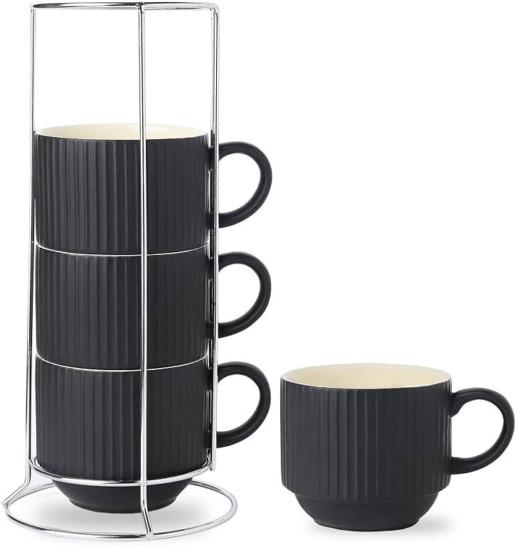 HASENSE Coffee Mug Ceramic Set of 4 with Stand, Stackable Large Latte Cups with Metal Stand, Dishwasher & Microwave Safe, Black for Cappuccino Tea Hot Cocoa - Product Image