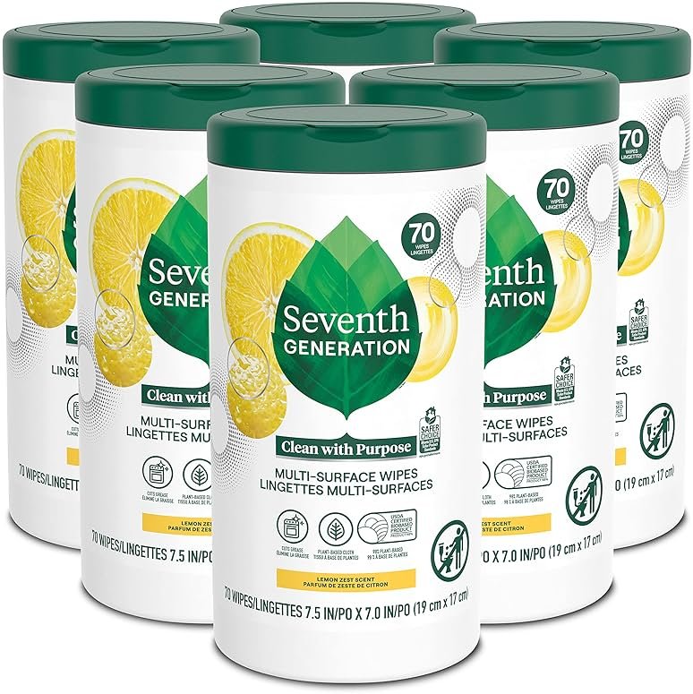 Seventh Generation Multi Surface Wipes All Purpose Cleaning Lemon Zest scent with 100% Essential Oils and Botanical Ingredients 70 count, Pack of 6 - Product Image