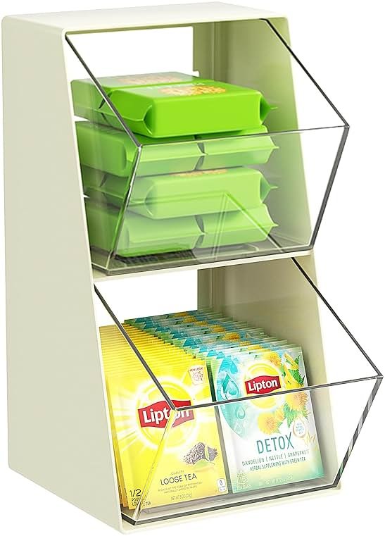 BILLION GOLD Acrylic Tea Bag & K Cup Organizer with 2 Transparent Drawers - Compact Multi-Use Storage for Coffee Pods, Sugar Packs - Kitchen & Office Counter Organizer - White - Product Image