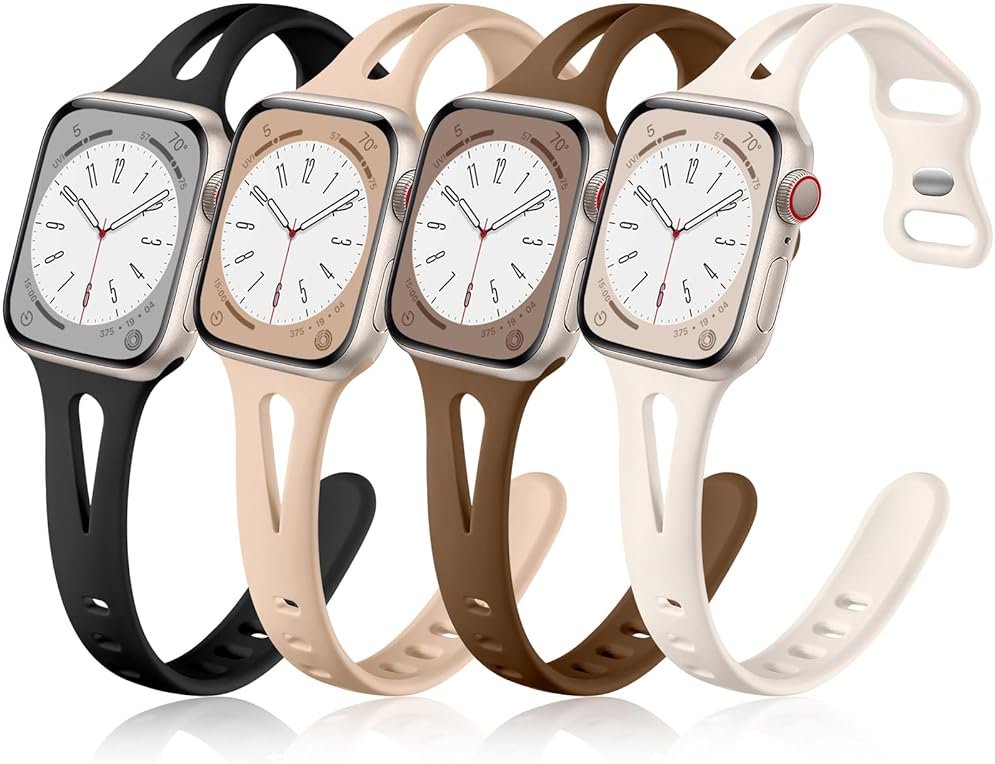 Getino Compatible with Apple Watch Band 40mm 38mm 41mm 42mm iWatch Series 11 10 9 8 7 6 5 4 3 2 1 SE for Women, Durable Soft Silicone Thin Slim Sport Watch Bands, Black/Dark Brown/Starlight/Milk Tea - Product Image