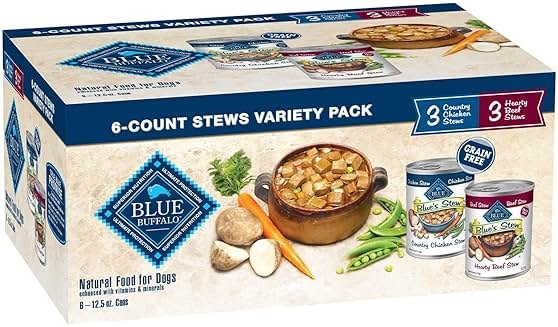 Blue Buffalo Blue’s Stew Variety Pack Hearty Beef & Country Chicken Stew Natural Grain Free Wet Dog Food with Real Meat in Thick Savory Gravy, Natural Ingredients, 12.5-oz Cans (6 Count) - Product Image