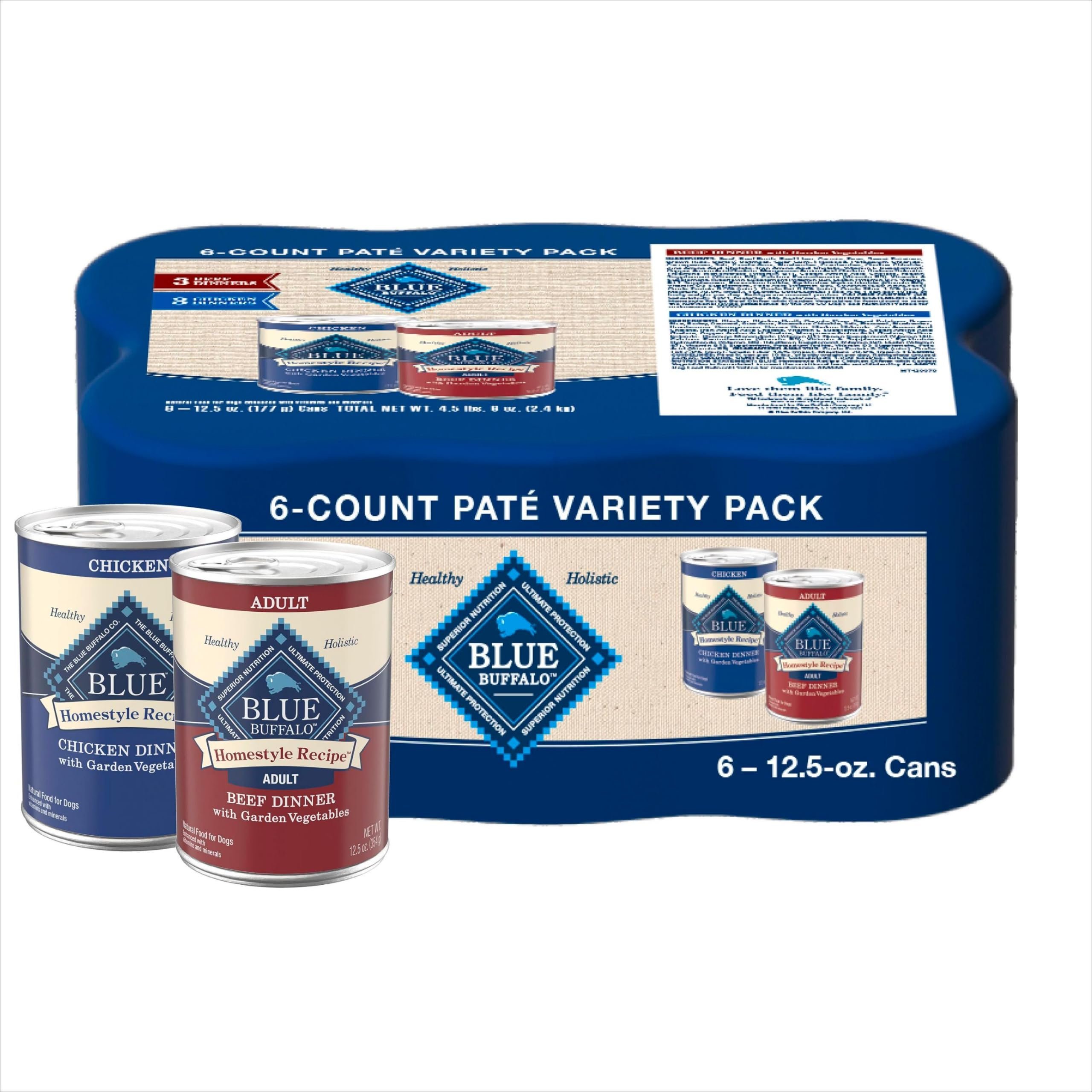 Blue Buffalo Homestyle Recipe Wet Dog Food Paté Variety Pack, Chicken Dinner & Beef Dinner with Garden Vegetables, Made with Natural Ingredients, 12.5-oz. Can (6 Count, 3 of Each) - Product Image