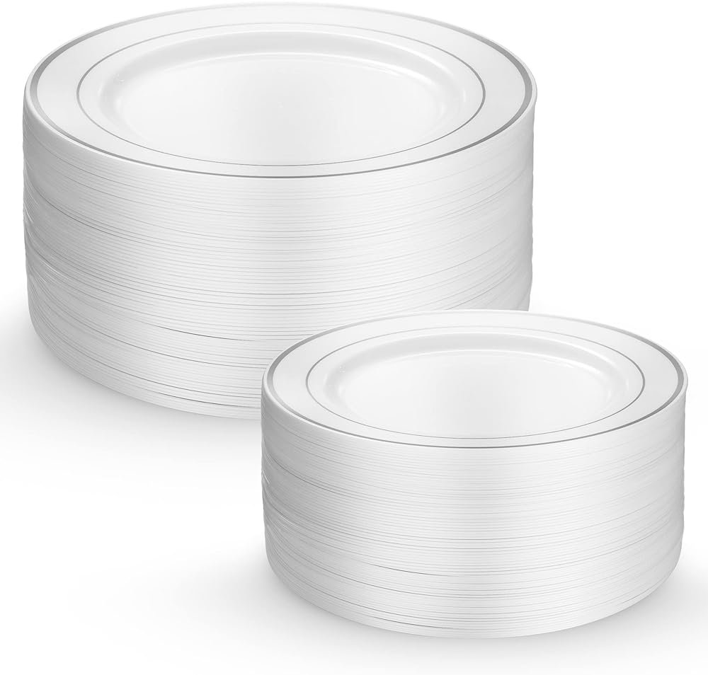 Munfix 60 Silver Plastic Plates Set, 30 Pcs 10.25 Inch Dinner and 30 Pcs 7.5 Inch Plastic Dessert Plates, Elegant Fancy Heavy Duty Disposable Plates for Party, Wedding, White with Silver Rim - Product Image