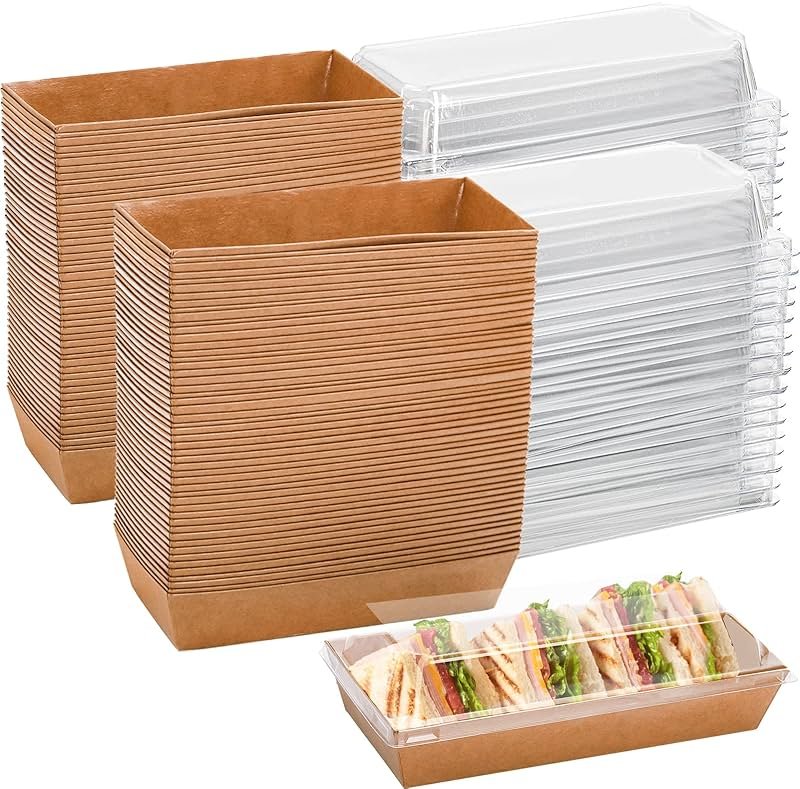Dicunoy 100 Pack Disposable Sandwich Containers with Clear Lids, Paper Sushi To Go Containers, Rectangle Swiss Roll Cake Boxes for Craft Dessert, Waffle, Cookie, Breads, Pastry, Food Truck Business - Product Image