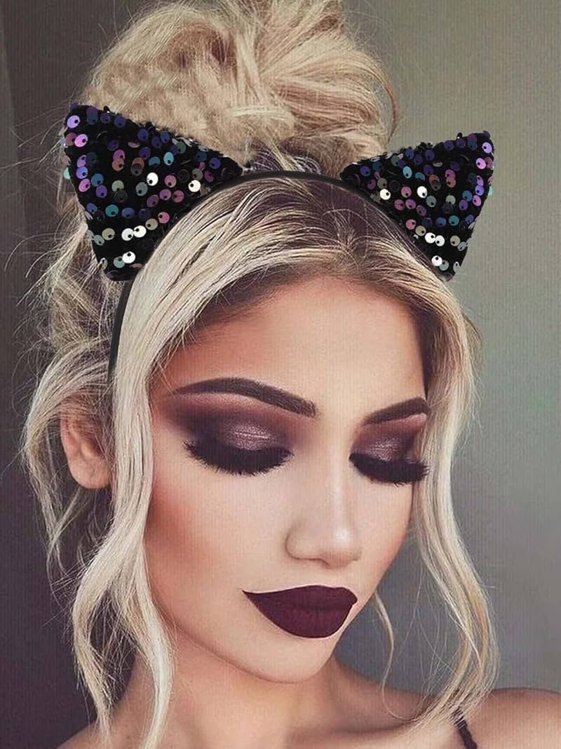 Catery Cat Ears Headband Halloween Headbands Sequins Sparkly Kitty Ears for Women - Product Image