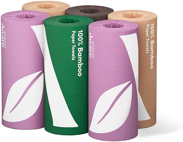 Amazon Aware Bamboo Paper Towels, 6 Rolls, 2 ply, FSC Certified, 150 Sheets, 900 Count, Plastic-Free, Multicolor - Product Image