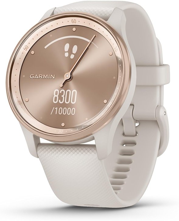 Garmin vívomove Trend, Stylish Hybrid Smartwatch, Long-Lasting Battery Life, Dynamic Watch Hands and Touchscreen Display, Peach Gold Stainless Steel Bezel with Ivory Case and Silicone Band - Product Image