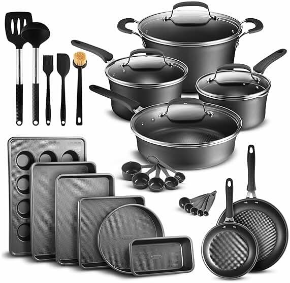 Pots and Pans Set, 23-Piece Non Stick Cookware & Bakeware Sets with Plaid Pattern, Stackable Design, Dishwasher Safe, Stain-resistant, Oven & All-Stove Safe, Tempered Glass Lid, Black - Product Image