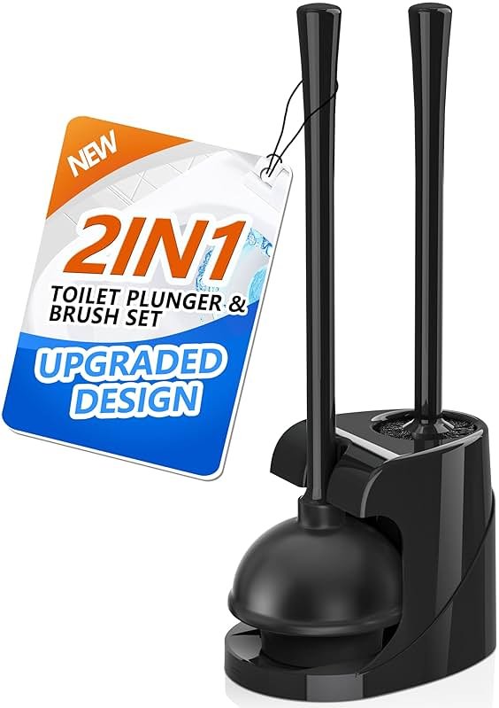 Toilet Plunger and Brush with Holder, Bowl Brush and Heavy Duty Toilet Plunger Set for 5.7-inch Toilet Drain, 2-in-1 Bathroom Cleaning Combo with Modern Caddy Stand (Black) - Product Image