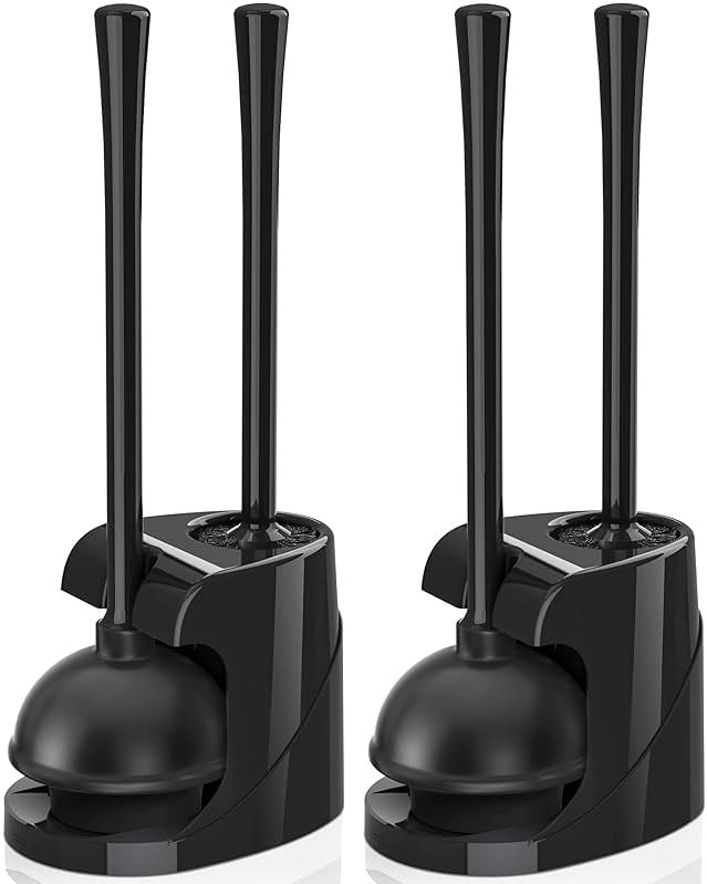 Toilet Plunger and Brush, Bowl Brush and Heavy Duty Toilet Plunger Set with Ventilated Holder, 2-in-1 Bathroom Cleaning Combo with Modern Caddy Stand for 5.7-inch Toilet Drain(Black, 2 Set) - Product Image