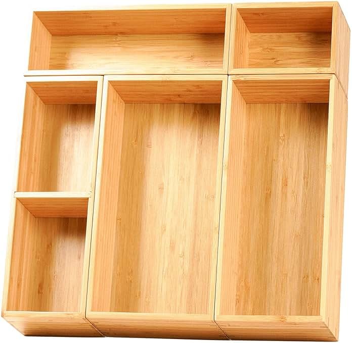 Umilife Drawer Organizer Storage Boxes, 2.5" High Bamboo Drawer Dividers, 5 Rearrangeable Bins for Kitchen, Office Desktop, Clothing, Makeup, vanity, Jewelry - Product Image