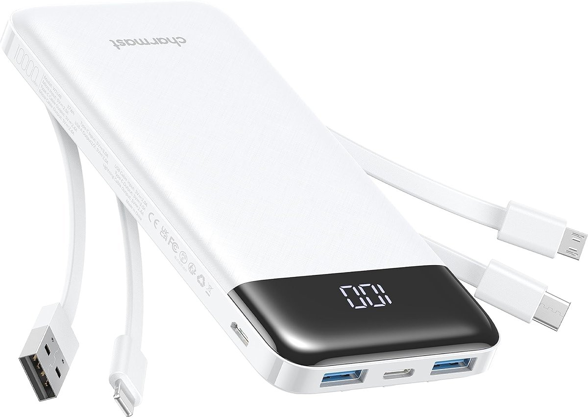 charmast Portable Charger with Reinforced Built-in 4 Cables,10000mAh Power Bank Travel Essentials 6 Outputs 3 Inputs 3A Fast Charging Compatible with iPhone iPad Samsung Google Pixel LG Moto etc. - Product Image