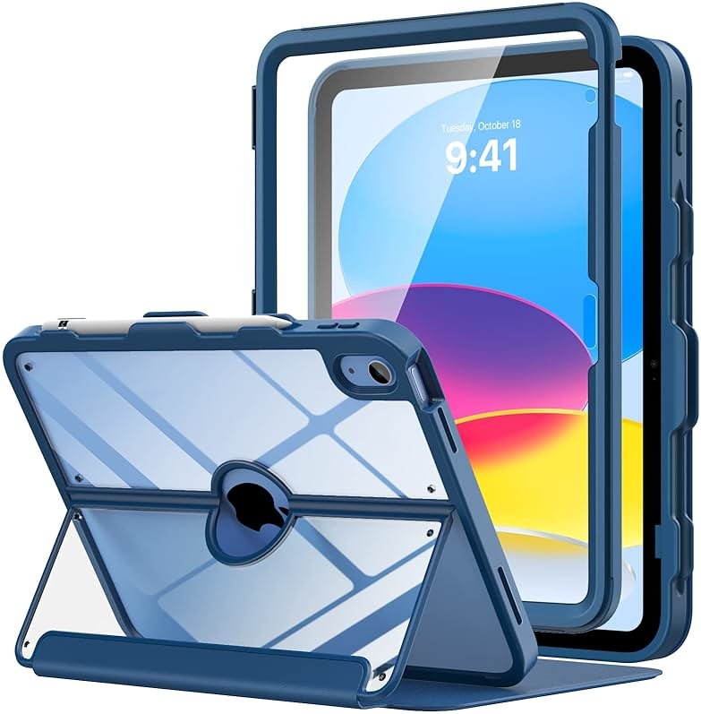 MoKo for iPad 11-inch (A16) 11th Generation Case 2025/ iPad 10th Generation Case with Pencil Holder 2022 10.9 inch, Built-in Screen Protector Clear Back, Multi Angle Viewing Stand, Navy Blue - Product Image