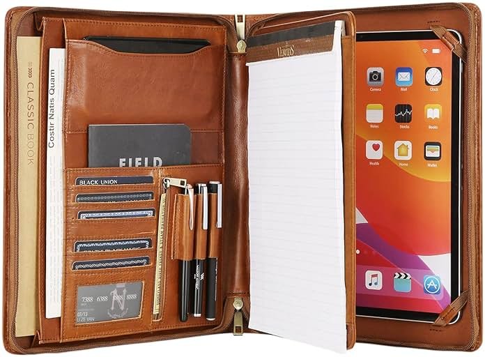 Leather Portfolio for 12.9-inch iPad Pro (2018/2020/2021/2022), Business Tablet Portfolio Case for Men, Personalized Padfolio for Women, Custom Portfolio Folder for A4 Notepad (Brown, Custom) - Product Image
