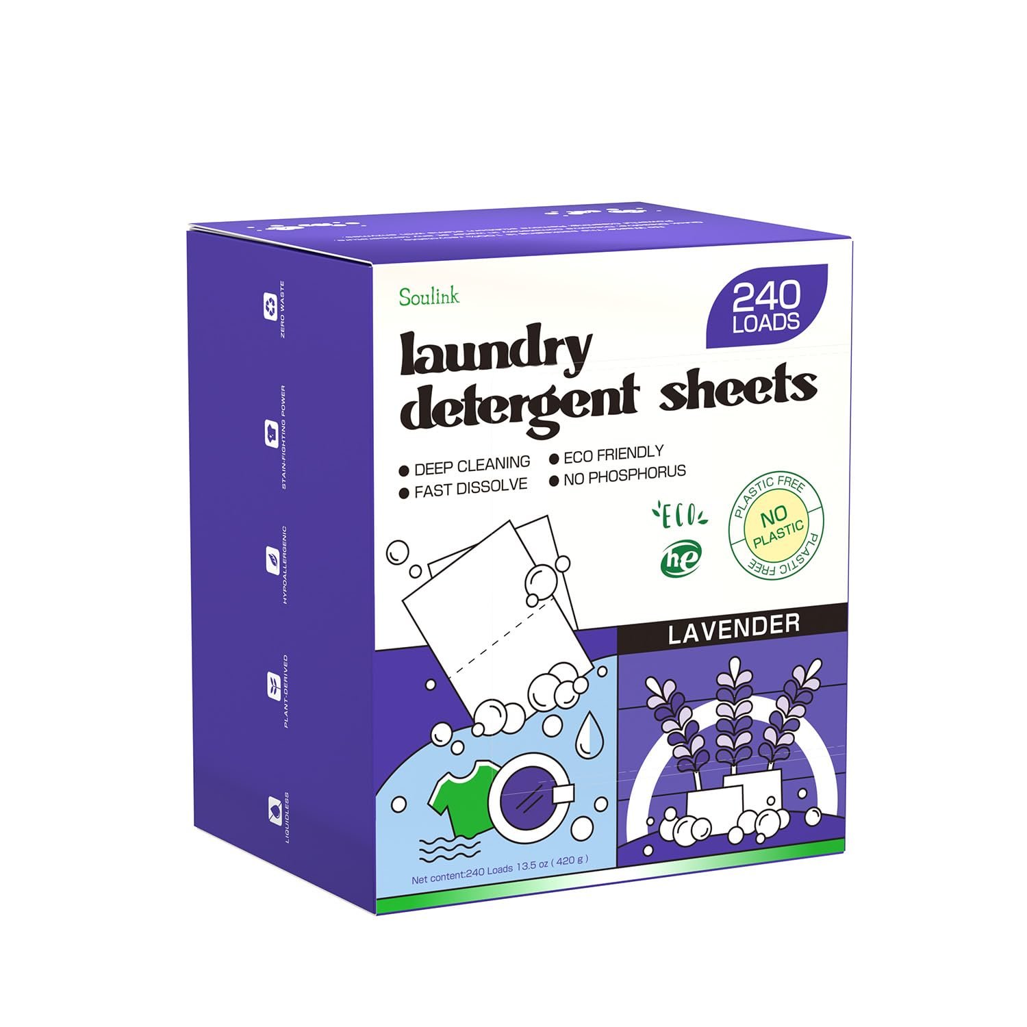 Soulink Lavender Laundry Detergent Sheets, 240 Loads - Eco-Friendly, Plant-Based, Hypoallergenic, No Plastic Jug - Product Image