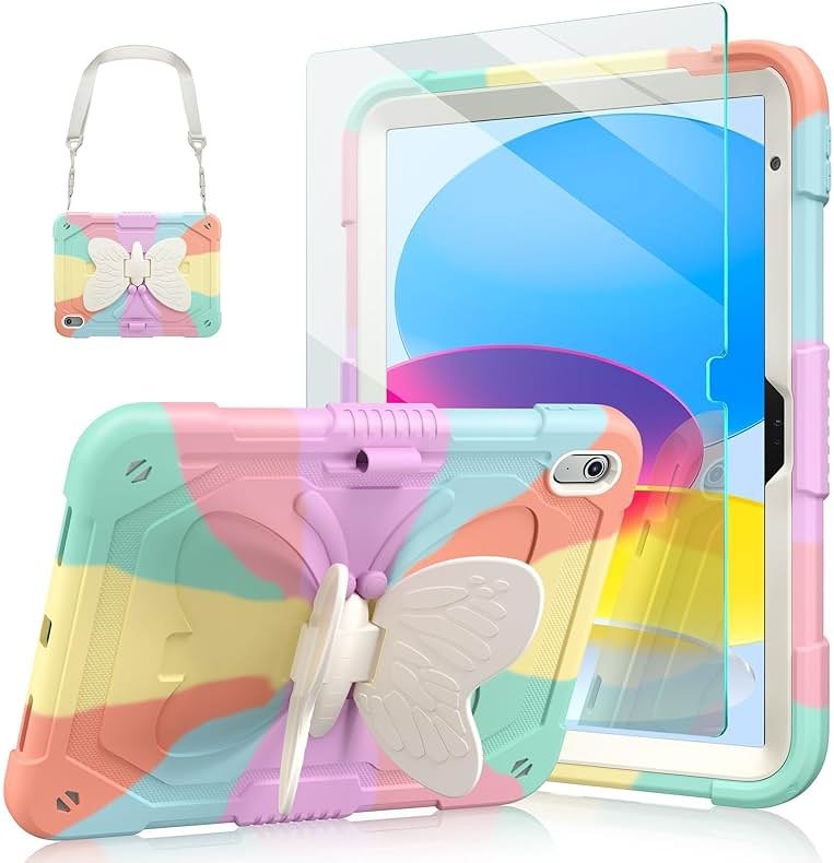 Ambison Case for iPad (A16) 11th/10th Generation (2025/2022) 11''/10.9'' for Kids Girls with 9H Tempered Glass Screen Protector, Heavy Duty Protective with Butterfly Stand, Carrying Strap-Multicolor - Product Image