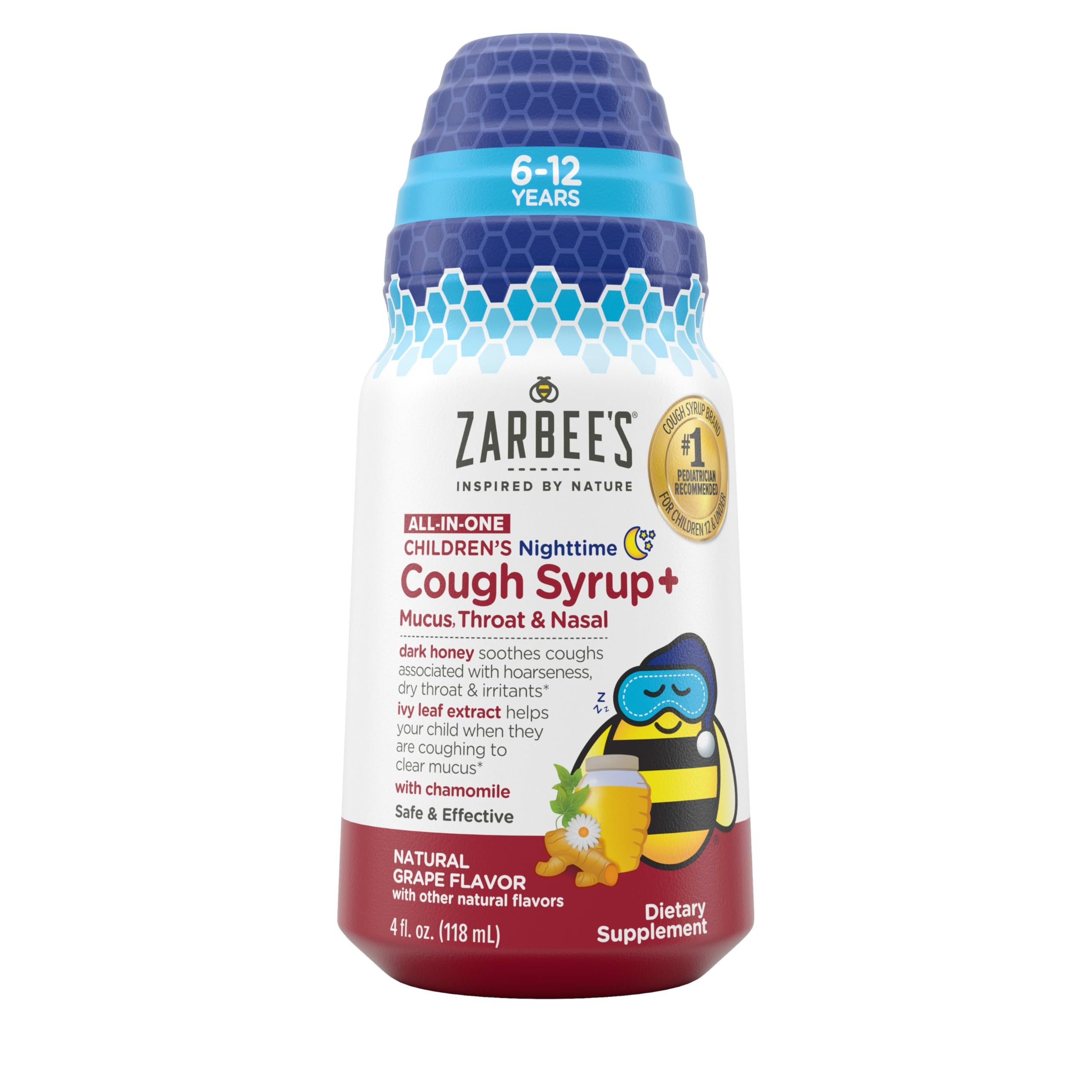 Zarbee's Children's Nighttime All-in-One Honey Cough Syrup + Mucus, Throat & Nasal for Kids 4+ Years, Dark Honey, Ivy Leaf Extract, Zinc, Turmeric Root Extract, Drug-Free, Grape, 4 fl. oz - Product Image