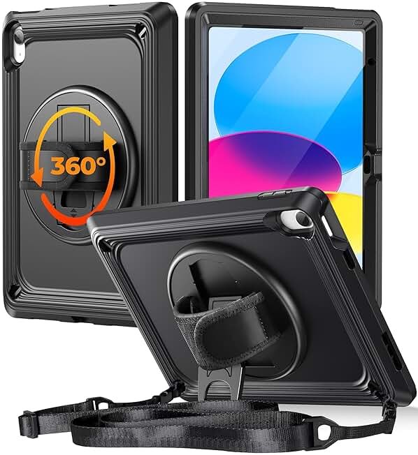 TSQQST iPad (A16) 11th/10th Generation Case 10.9 Inch 2025/2022 with Screen Protector | Military Grade | 360 Rotating Stand & Hand Shoulder Strap | Rugged Silicone Heavy Duty Drop Protection | Black - Product Image