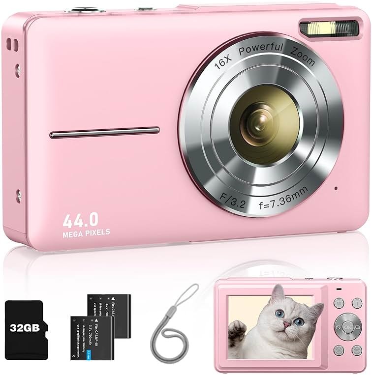 Lecran Digital Camera, FHD 1080P Point and Shoot Camera for Kids Teens Starters, with 32GB Card 16X Zoom Anti Shake Date Stamp, Compact Small Camera Christmas Birthday Gift for Boys Girls, Pink - Product Image