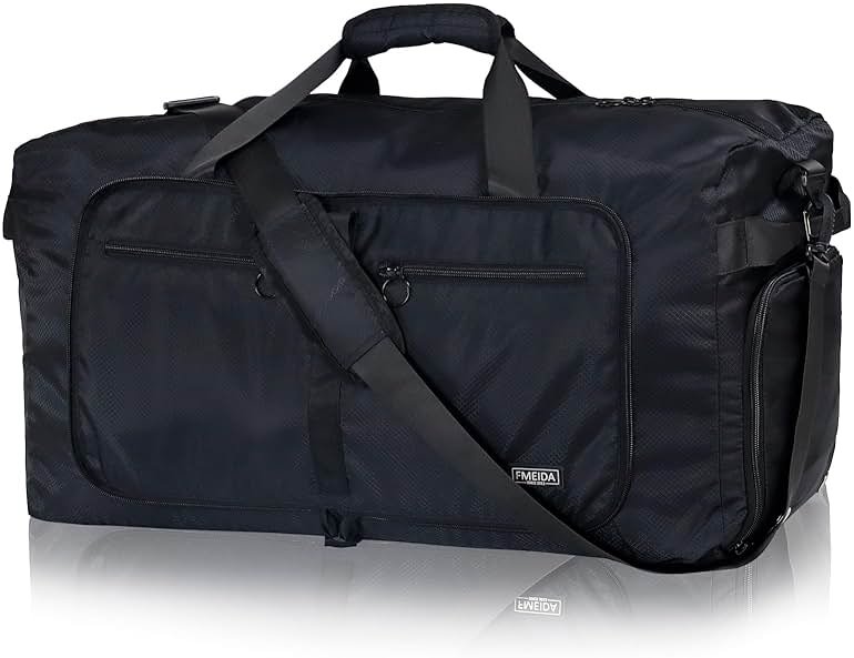 Fmeida 65L Duffle Bag with Shoes Compartment, Foldable Travel Duffel Bags for Men Women, Large Packable Travel Bag Water Repellent & Tear Resistant (Black) - Product Image
