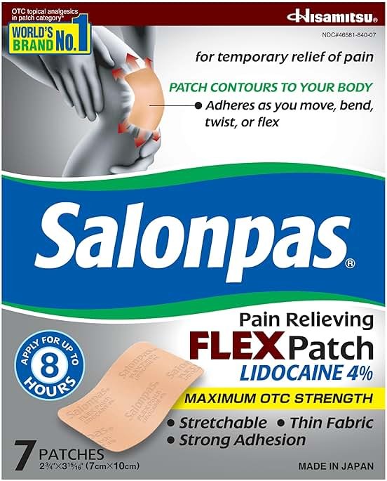 Salonpas Maximum OTC Strength Lidocaine 4% Pain Relieving Flex Patch, Apply for Up to 8 Hours, Unscented, Thin, Flexible, Lightweight, Patch Stays in Place, 7 Patches - Product Image