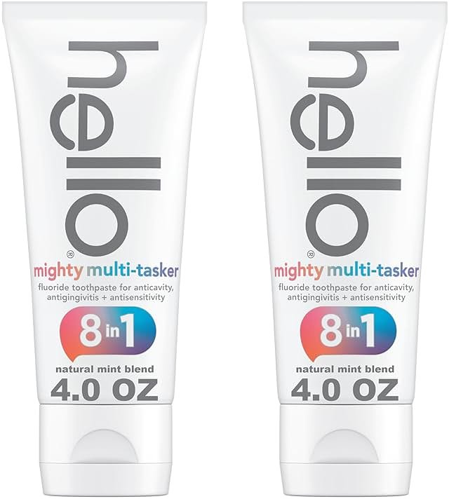 hello 8 in 1 Mighty Multi-Tasker Fluoride Toothpaste Pack, SLS Free Toothpaste with Fluoride, Antigingivitis and Antisensitivity, Natural Mint Blend, 2 Count, 4.0 oz Tubes - Product Image