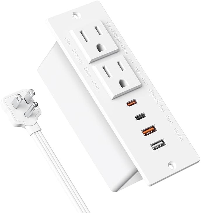 Recessed Power Strip with 30W USB C,Ultra Thin Flat Plug Power Strip,2 Outlets 4 USB Ports,Furniture Flush Mount Desk Outlet,Recessed Outlet for Side Table/Sofa Table,6ft Cord (White) - Product Image
