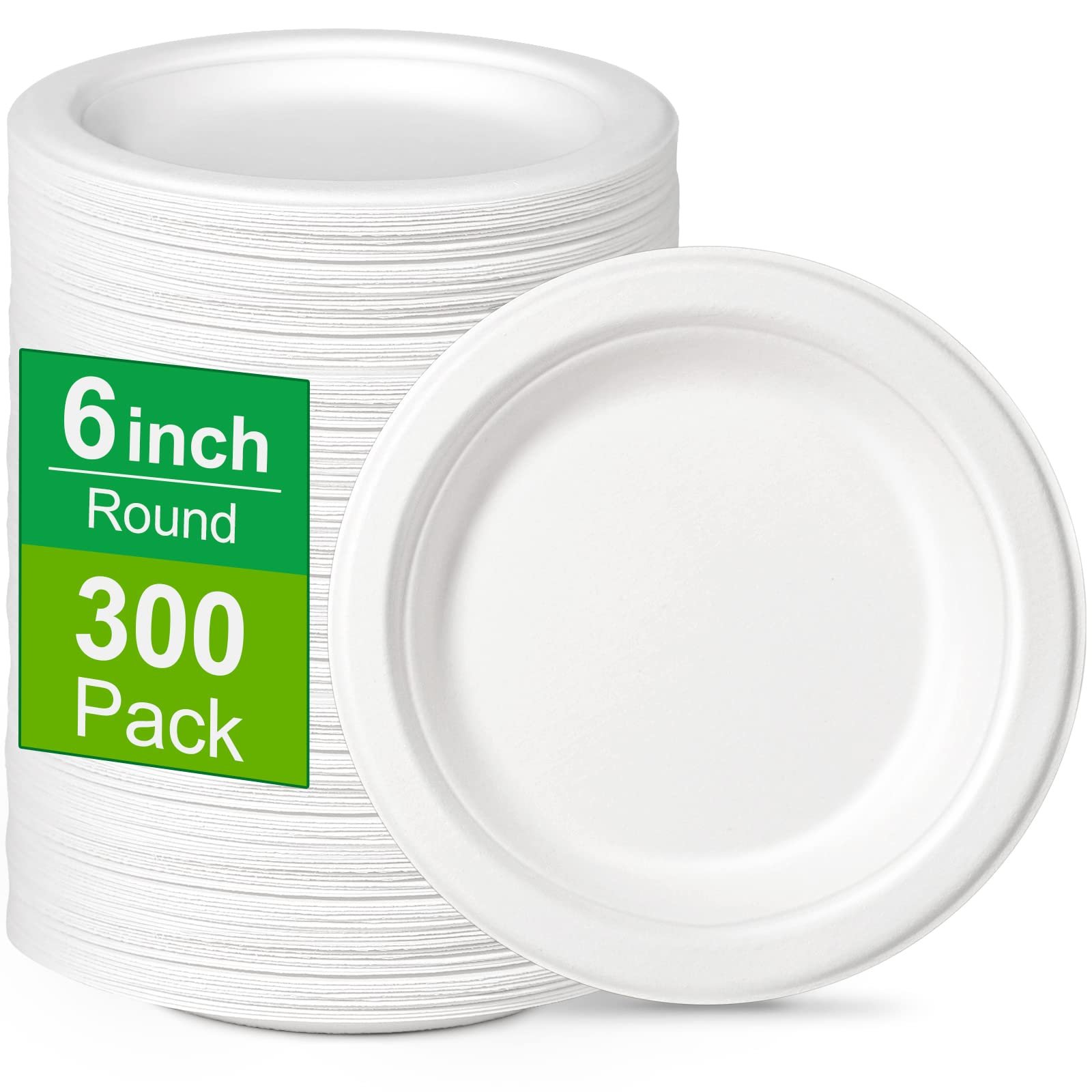 Greconv 300 Pack 6 inch Paper Plates, Small Paper Plates Bulk, Disposable Dessert Paper Plates, Compostable Plates Made from Sugarcane Fibers, Recycled Plates, White - Product Image