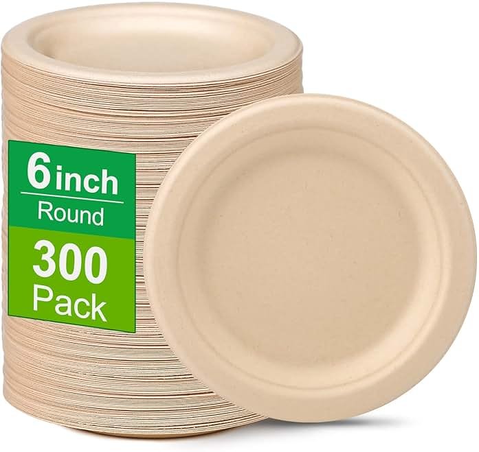 Greconv 300 Pack 6 inch Paper Plates, Small Paper Plates Bulk, Disposable Dessert Paper Plates, Compostable Plates Made from Sugarcane Fibers, Recycled Plates, Brown - Product Image
