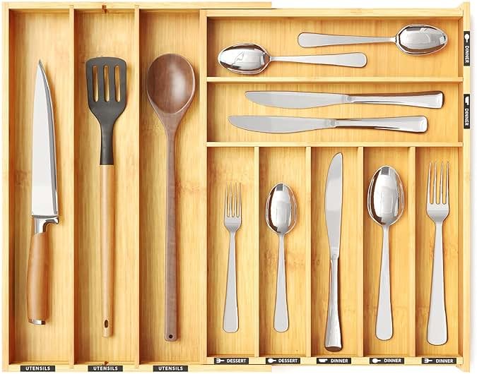 SpaceAid Bamboo Silverware Drawer Organizer with Labels, Kitchen Utensil Expandable Tray Holder Organizer for Flatware, Cutlery, Spoon and Knives Drawer Storage Organization (Natural, 10 Slots) - Product Image