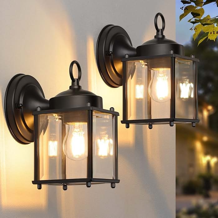MATAMEYE Outdoor Wall Lantern, Exterior Waterproof Wall Sconce Light Fixtures, Black Front Door Wall Lighting with Clear Beveled Glass Shade, 2 Pack - Product Image