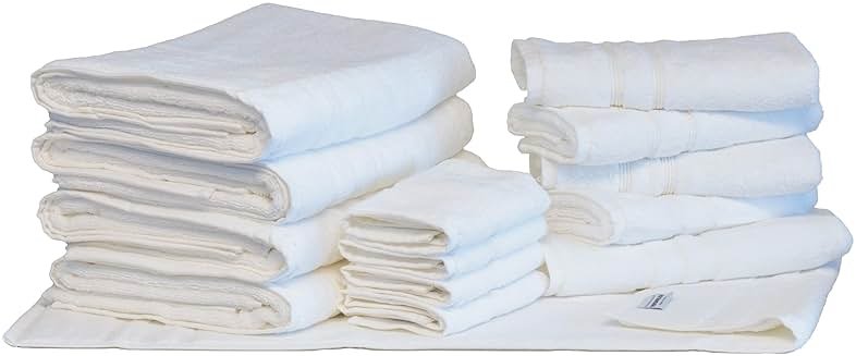 Mosobam Luxury Turkish 14pc Deluxe Bath Bundle Body Hand Face Towel and Mat White 700 GSM & 1000 GSM Bamboo Viscose & Aegean Turkish Combed Cotton - Product Image