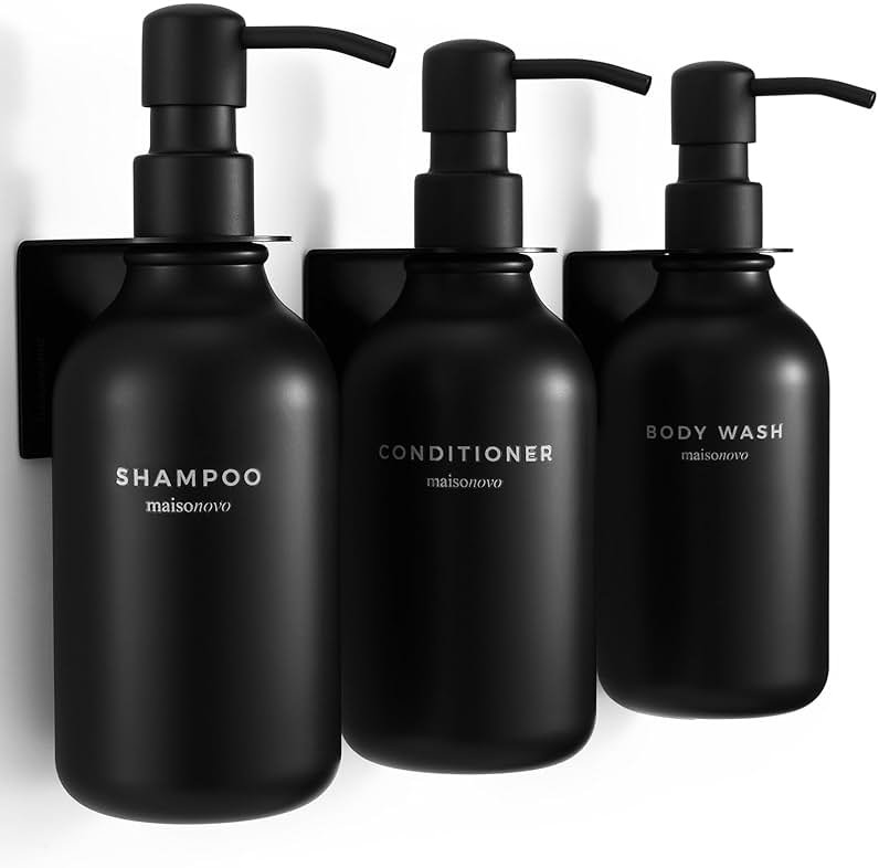 Shampoo and Conditioner Dispenser Wall Mounted Set of 3 Black - No Drill Shower Soap Dispenser for Bathroom Refillable - Spa Hotel Style Accessories by MaisoNovo - Product Image