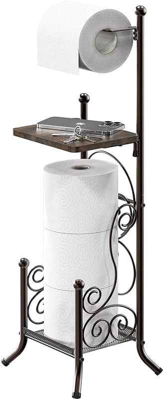 Simple Houseware English Style Bathroom Toilet Tissue Roll Holder Stand with Shelf, Bronze - Product Image