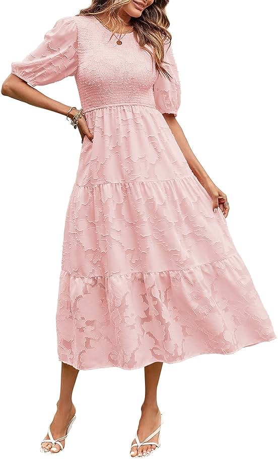MEROKEETY Women's 2025 Summer Puff Sleeve Smocked Floral Dress Crewneck Lace Flowy Tiered Midi Dresses - Product Image