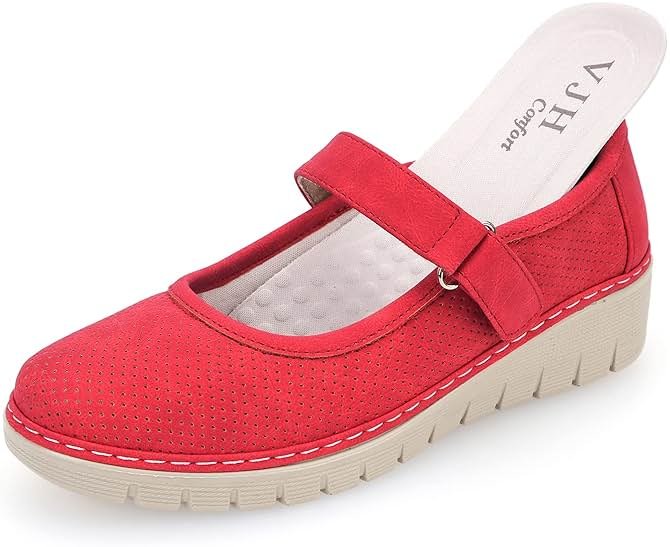 VJH confort Women s Mary Jane Flats, Breathable Comfort Round Toe Low Heel Slip-on Light Weight Walking Shoes - Product Image