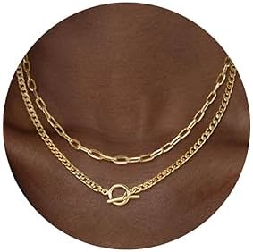 CHESKY Layered Necklaces for Women, 14K Gold Plated Chain Necklace Women Trendy Cuban Link Paperclip Chain Toggle Clasp Necklace Fashion Chunky Jewelry for Women - Product Image