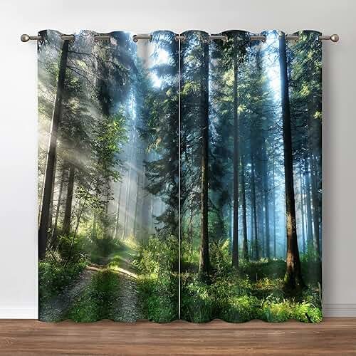 Jekeno Forest Tree Blackout Curtains - Blocking Window Curtain with Jungle Wild Weeds Nature Green Trees Scenery Print Decor Home Bedroom Living Room Grommet Window Drapes 2 Panel Set, 42"x84" - Product Image